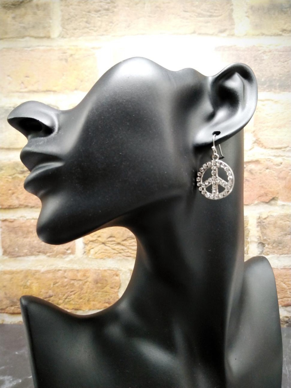 Rhinestone Peace Sign Drop Earrings - Silver